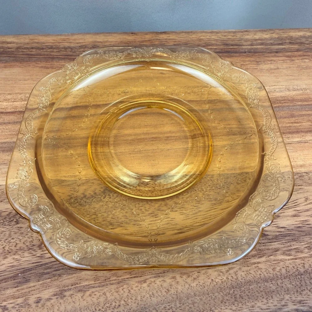 Federal Glass‎ Madrid Amber Depression Glass Saucers Square Scalloped Set of 4